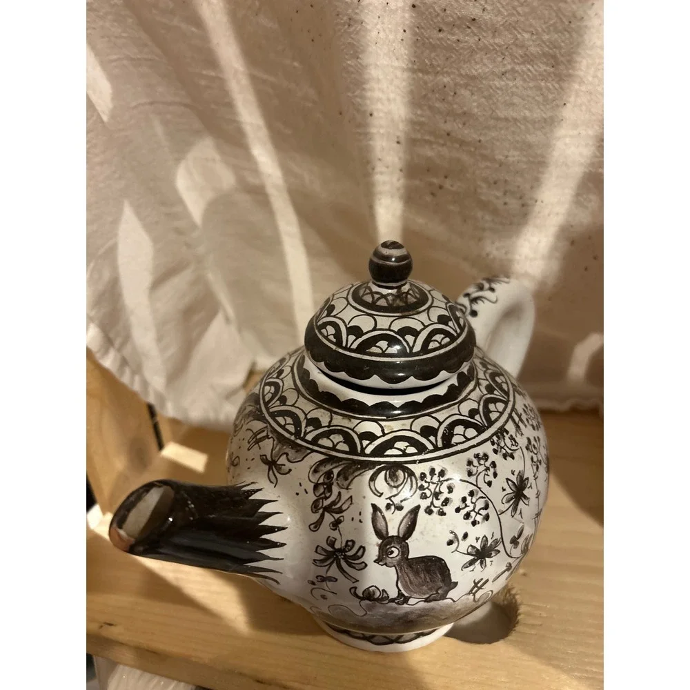 Soure Portugal Hand Painted Teapot Sec XVII Black White Rabbit Castle Pottery